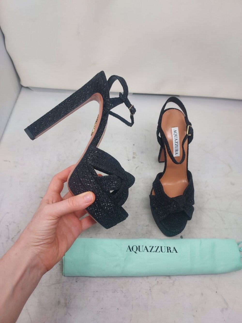 Aquazzura Nina Plateau Black Sparkle Heel Sandal